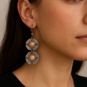 Dangle Earrings Hammered Silvertone Peach Orange Faceted Stone center